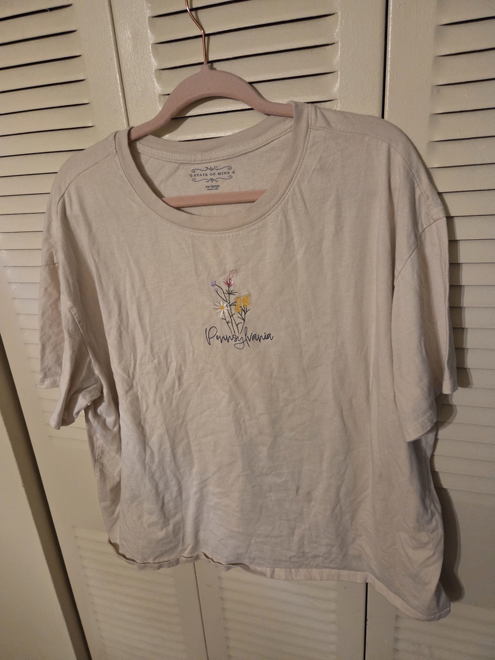 Cream Graphic Tee with Floral 'Pennsylvania' Embroidery